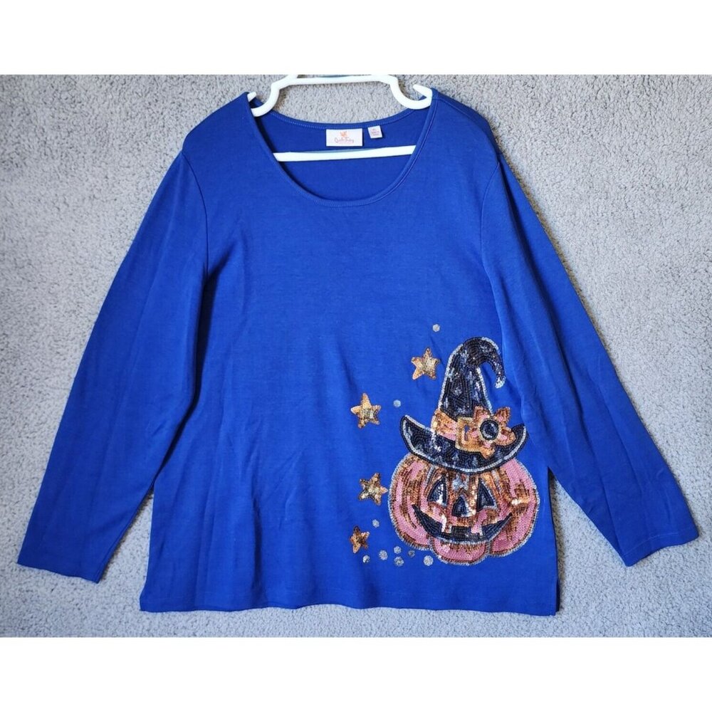 Quacker Factory Long Sleeve Top Halloween Pumpkin Jack O Lantern Sequins Blue XL